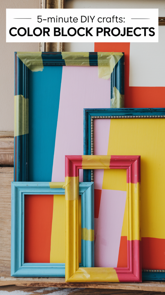 An artistic snapshot of thrifted frames painted in bold, geometric color blocks. The frames are placed on a wooden surface. Masking tape is visible on the frames. The background is a beige wall.