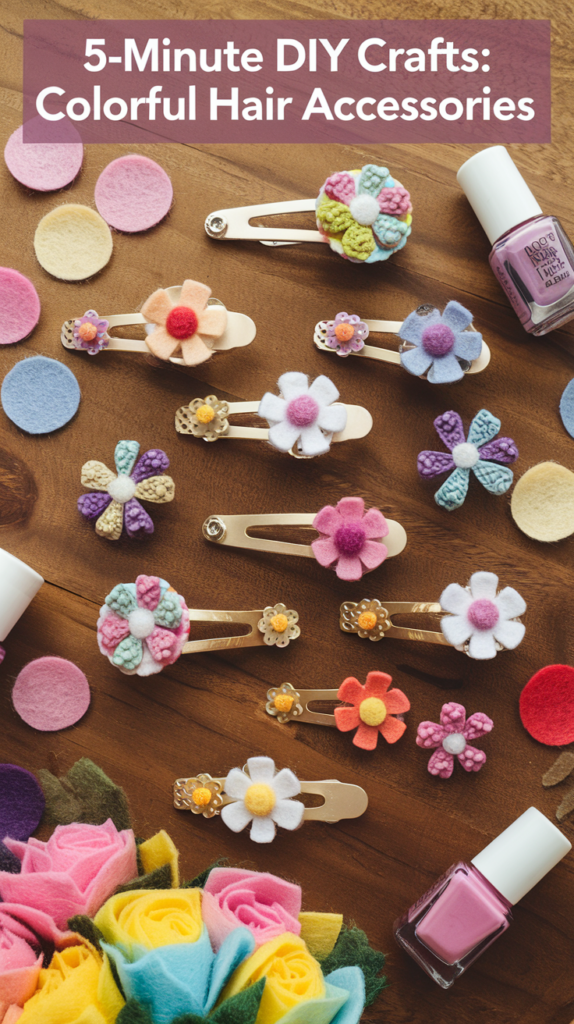 A display of hair clips embellished with nail polish and felt flowers, scattered around. The hair clips have various shapes and sizes. There are also loose felt flowers and nail polish bottles. The background is a wooden surface.