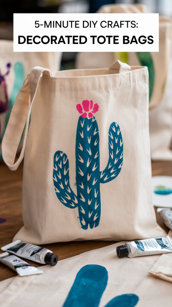 A photo of a fabric tote bag with a stenciled or hand-painted design of a cactus. The bag is placed on a wooden surface and surrounded by paint tubes. The background is blurred and contains additional fabric tote bags.