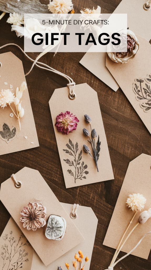 A crafty view of cardstock gift tags with stamps and dried flowers. There are various tags with different stamp designs and dried flowers. A string is tied around the tags. The background is a wooden surface.