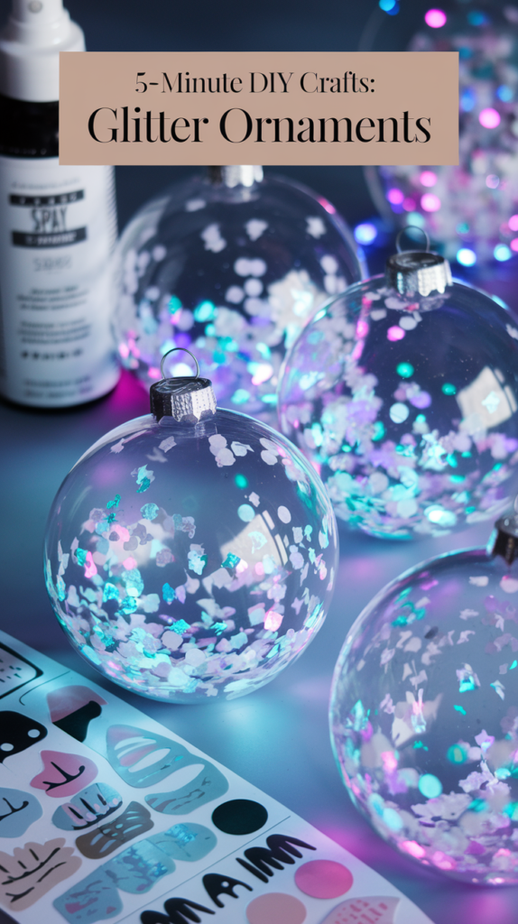 A photo of clear plastic ornaments filled with luminous glitter. There are crafting spray and vinyl stickers nearby.