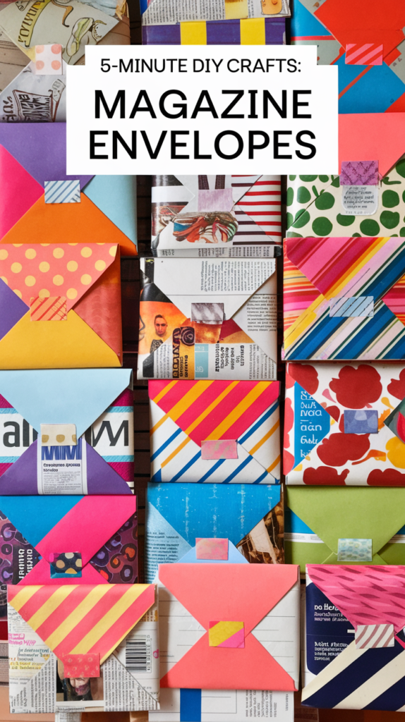 A display of vibrant envelopes made from magazine pages, sealed with colorful washi tape. The envelopes are of various shapes and sizes, and they are stacked on top of each other.