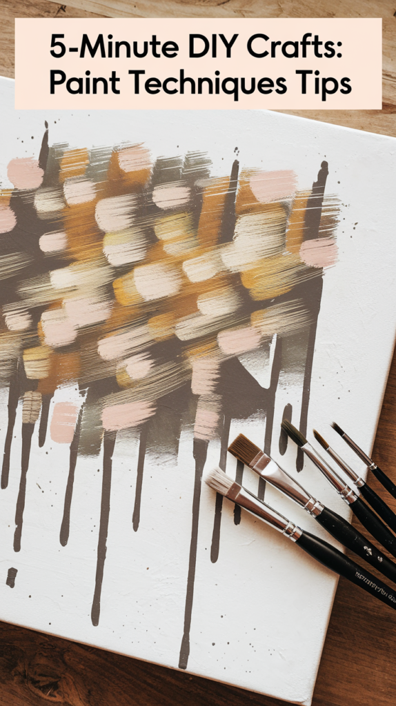 A canvas with a dry brushing and drip art pattern. There are multiple paintbrushes lying on the canvas. The background is a wooden surface.