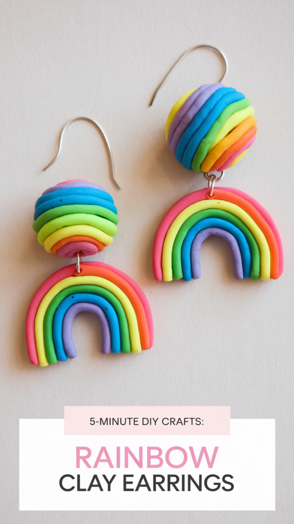 A photo of rainbow-colored polymer clay earrings shaped in balls or discs. There are two earrings with different shapes, one is a ball and the other is a disc. Both earrings have earring hooks attached to them.