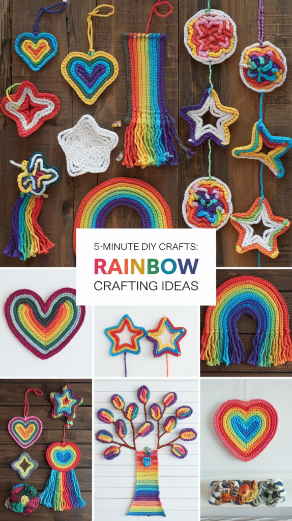 A collection of bookmarks and wall art made with recycled colorful yarn and beads. There are various shapes, including hearts, stars, and circles. The yarn is in a rainbow of colors. The wall art is in the shape of a tree with leaves. There is a background of a wooden surface.