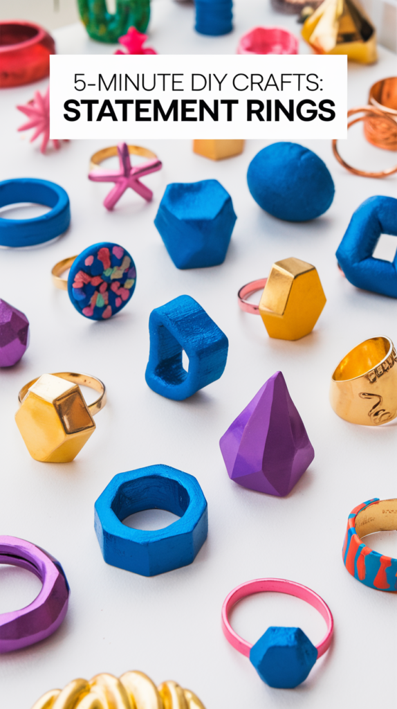 A display of bold rings molded from hot glue in geometric shapes, painted metallic. There are various rings with different shapes and sizes.