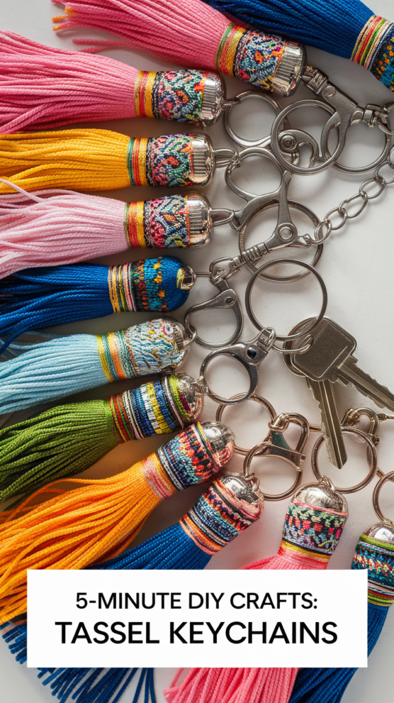 An array of colorful tassel keychains made from embroidery threads, laid beside a keyring. The tassel keychains have a variety of colors, including pink, blue, yellow, green, and orange. The keyring has a few keys on it.