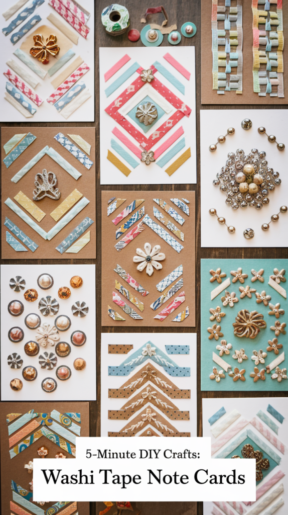 A photo of a collection of note cards decorated with washi tape patterns and miniature embellishments. There are various shapes, sizes, and colors of washi tape on the cards. The cards have intricate designs and each card is unique. The background is a wooden surface.