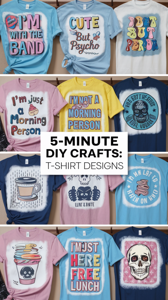 An image of a variety of t-shirts with colorful iron-on patches and bleach stenciled designs. There are phrases like "I'm with the band", "Cute but Psycho", "I'm not a morning person", and "I'm just here for the free lunch". There are also images of a unicorn, a coffee cup, a pizza slice, and a skull. The t-shirts are displayed on a wooden rack. The background is a beige wall.