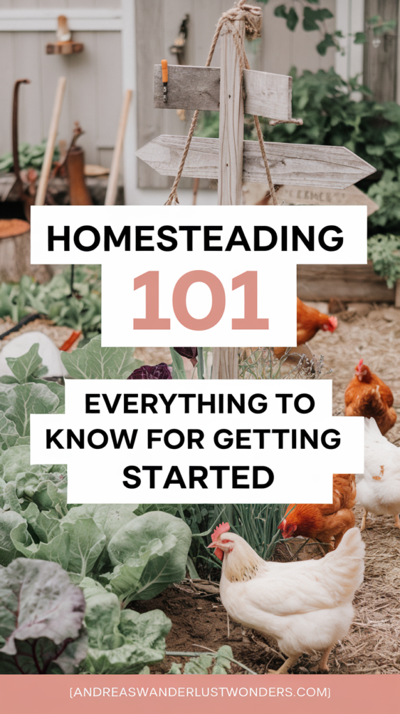 The background features a quaint garden scene with vegetables, a wooden signpost with rustic tools, and chickens peacefully grazing.