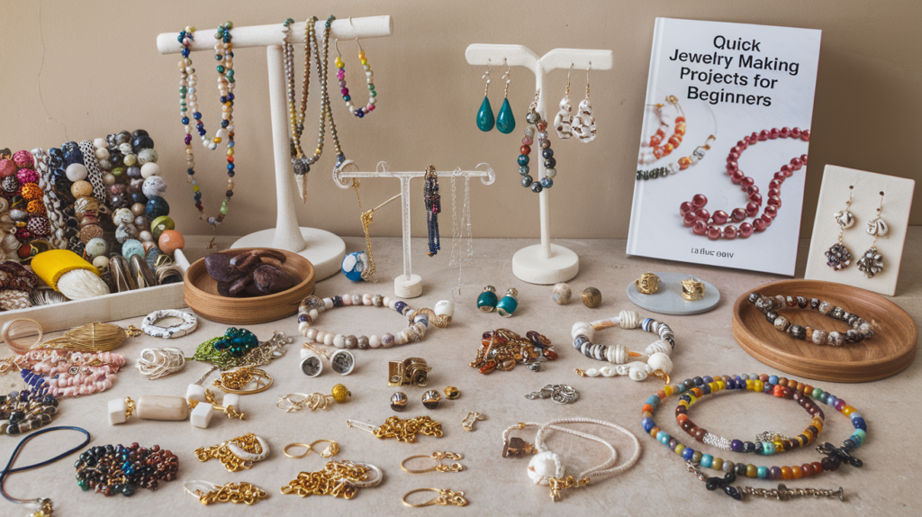 A photo of a table with various beads, strings, and jewelry findings. There are also finished jewelry pieces such as necklaces, bracelets, and earrings. There's a book titled "Quick Jewelry Making Projects for Beginners." The background is a beige wall.