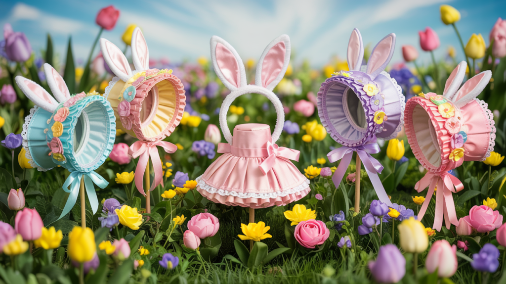 A photograph of a whimsical, vibrant garden filled with pastel-colored Easter bonnets inspired by classic Easter movies. Each bonnet is arranged in a picturesque setting, showcasing unique elements like floral patterns, lace trims, or bunny ears. The background is softly blurred, featuring a lush array of spring flowers and a bright blue sky, creating a playful and inviting atmosphere.