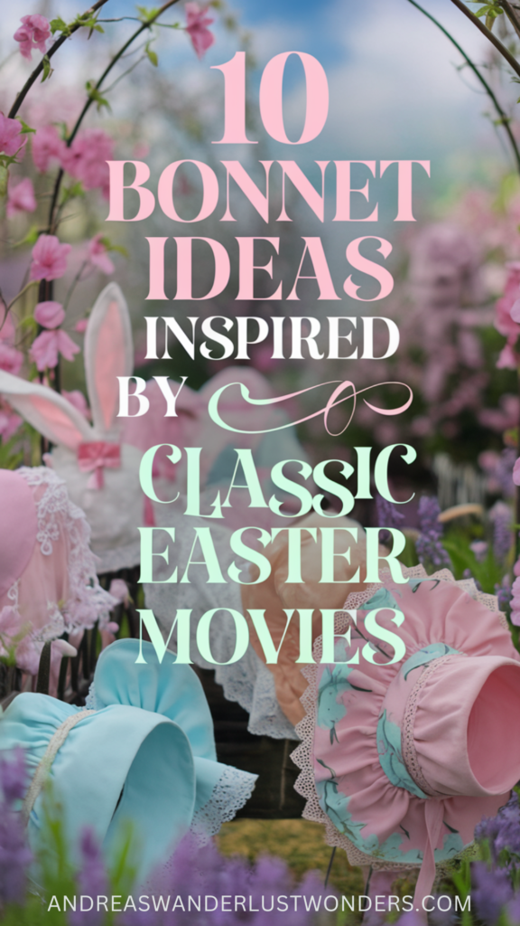 A photo of a whimsical, vibrant garden filled with pastel-colored Easter bonnets. The bonnets are arranged in a picturesque setting, each one showcasing unique elements like floral patterns, lace trims, or bunny ears. There is a softly blurred background of spring flowers and blue skies.