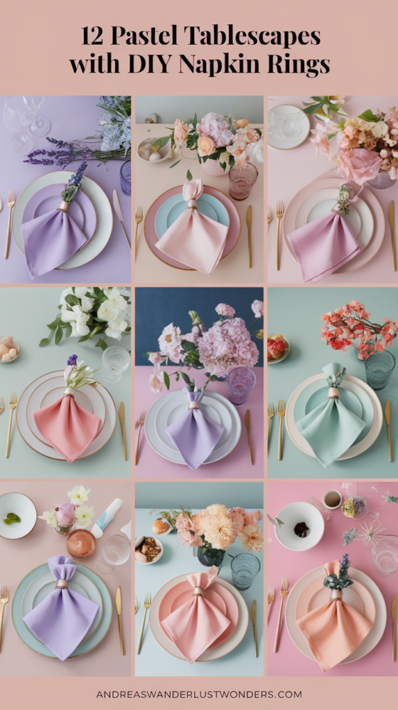 The tablescapes feature a harmonious blend of soft, feminine colors such as lavender, blush pink, mint green, and peach. Each table setting includes delicate napkins, simple yet elegant floral arrangements, and charming DIY napkin rings. The design is aesthetically pleasing, not too busy, and captures the elegant and creative spirit of the tablescapes.