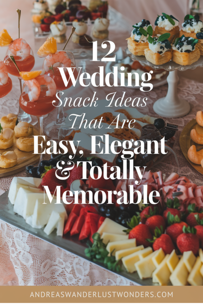 A photo of a table with a lace-textured surface, adorned with elegant and memorable wedding snacks. There are elegant shrimp cocktails with cocktail sauce, Savory Spinach and Feta Puff Pastry Bites, chocolate-covered strawberries, and a gourmet cheese and charcuterie board. The background is a soft, pastel pink.