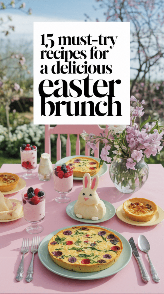 A beautifully arranged table in a soft, pastel-hued garden setting captures the essence of a vibrant Easter brunch, featuring a Spring Vegetable Frittata, berry and yogurt parfaits, Easter Bunny pancakes, and mini quiches, each dish elegantly styled and inviting. The background showcases delicate flowers and blooming trees under a clear blue sky, enhancing the bright and cheerful spring ambiance.