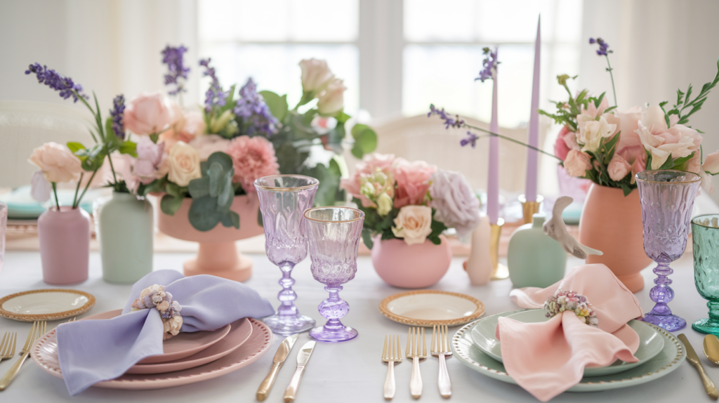 A photo of a beautifully arranged tablescape with pastel-colored elements like lavender, blush pink, mint green, and peach tones. There are DIY napkin rings, fresh flowers, and delicate place settings. In the background, there is a window with soft lighting. The overall look is fresh, inviting, and sophisticated.