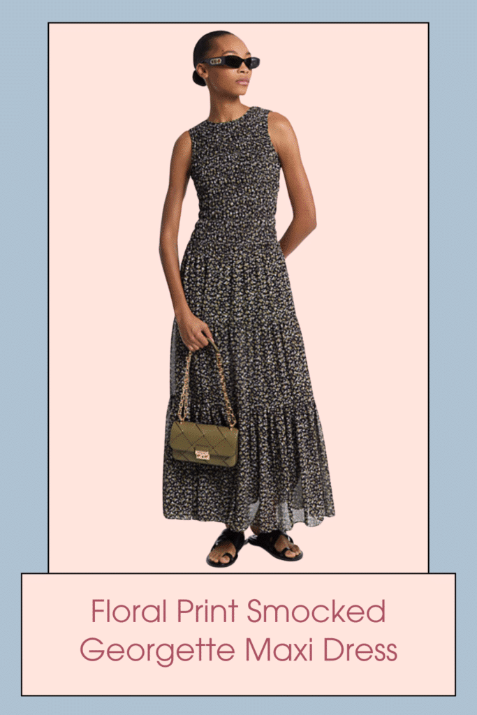 Defined by a smocked bodice and tiered maxi skirt, this sleeveless dress is a must-have from spring to fall. It’s crafted in lightweight georgette and printed with micro florals for an eye-catching finish. Dressing it up or down is a breeze: simply swap out the accessories.