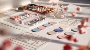 A high-resolution image of a serene, pastel-toned workspace bathed in natural light. The setting includes essential clay crafting materials, such as a neatly arranged spread of colored polymer clays, an acrylic roller, metal circle cutters, and some finished marbled clay coasters. The scene is arranged on a clean, white backdrop. Some of the clay coasters are scattered in a pleasing manner to showcase different design variations.