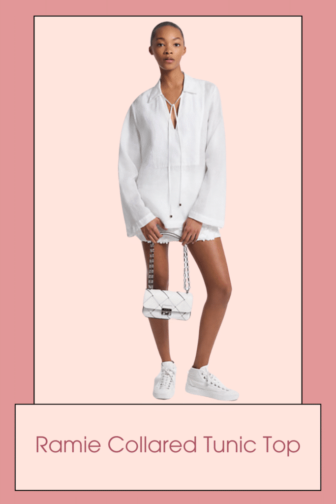 This timeless tunic is equal parts effortless and elevated in a clean-lined silhouette crafted from soft ramie. Its polished point collar is balanced by a casual tie-neck detail, while bell sleeves add volume. Pair it with shorts, a mini skirt, or linen pants–it goes with everything.