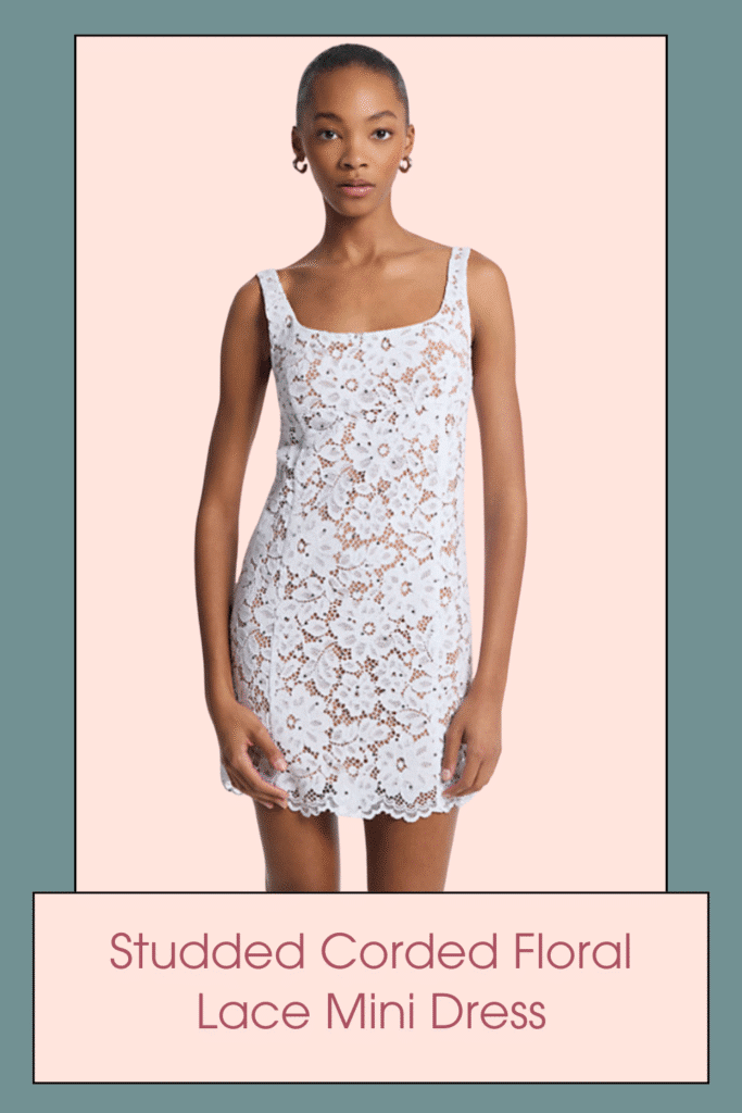 Mini dress, mega impact. This square-neck number is crafted in corded floral lace with a nude lining for alluring appeal and gleaming studs for a touch of shine. Style it with a structured bag and strappy sandals for your next evening out.