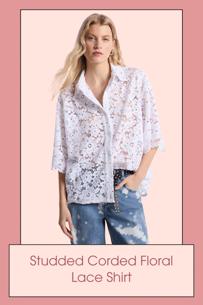 High-shine studded details pack a punch to this vintage-inspired silhouette for Spring. Cut in a slightly relaxed fit, this bohemian shirt is crafted from corded floral lace for a romantic sensibility. Pair it with the complementing mini skirt of the perfect day-to-dusk ensemble.