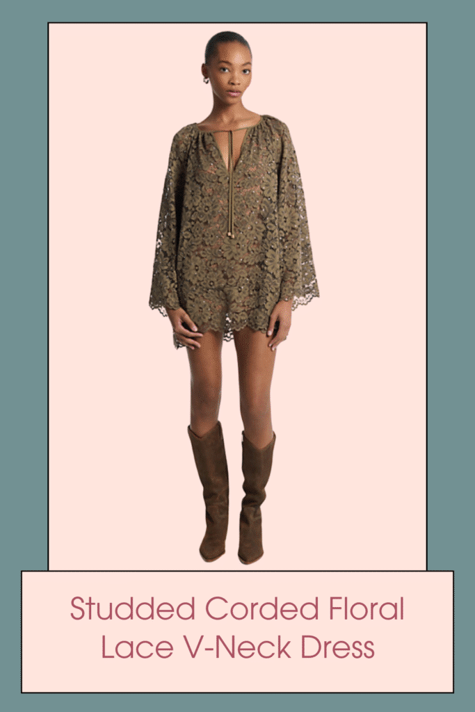 Evoke a romantic, free-spirited sensibility in this floral-lace tunic dress. Defined by a tie neckline and bell sleeves, this lined silhouette features corded embroidery and stud embellishments for double the texture.
