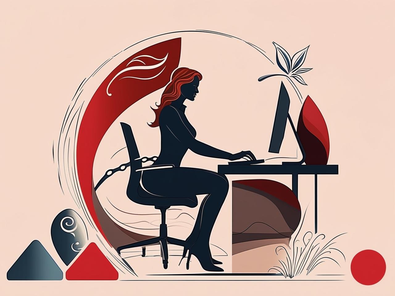 The design features a standout icon that conveys empowerment and adventure. A stylized office with a woman sitting at the desk in front of the computer with abstract shapes or subtle nature elements like a leaf or swirl to symbolize growth and movement.