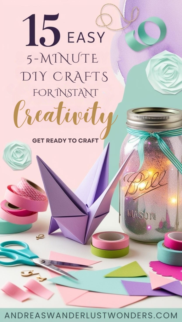5-MINUTE DIY CRAFTS FOR INSTANT Creativity GET READY TO CRAFT An inviting and vibrant digital collage that captures the essence of quick and easy crafting. The image should feature a soft, feminine color palette, incorporating shades of pastel pinks, lavender, and mint green. Central elements include a beautifully folded origami crane, a mason jar decorated with glitter and small fairy lights, and a colorful assortment of craft supplies like scissors, ribbons, and washi tape. Scatter pieces of colorful paper and simple cut-out shapes gracefully across the foreground to symbolize the accessibility and fun of these DIY projects. The background should include subtle watercolor swirls, lending an artistic flair to the composition. The overall atmosphere should evoke feelings of calm, creativity, and instant gratification.Elements:Origami crane in pastel colors
Glitter-adorned mason jar with miniature lights
Assorted craft supplies: scissors, ribbons, washi tape
Colorful paper cut-outs
Watercolor background with soft swirls
Mood: Creative Bliss and Inviting.