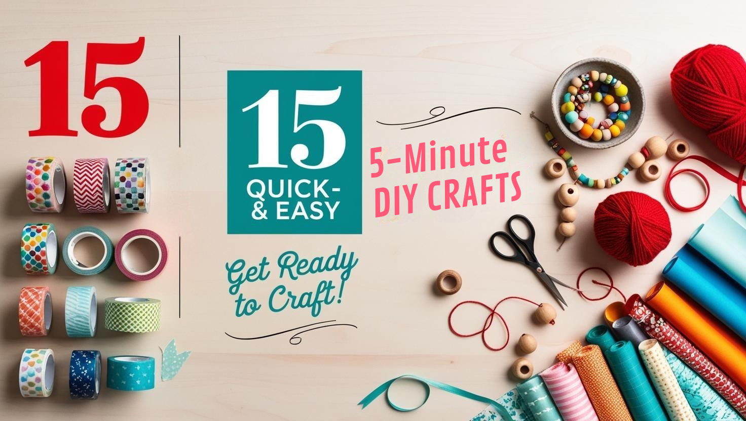 The background should be a table collage of crafting materials like colorful paper, scissors, glue, strings, beads, and small crafts, ensuring it isn't too busy. Include finishing touches such as subtle paper swirls