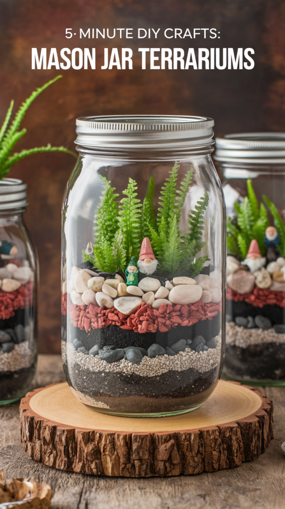 A picture of a wide-mouthed mason jar containing layered pebbles, activated charcoal, potting soil, and small ferns or moss. There are tiny decorative items like gnomes placed among the ferns. The jar is placed on a wooden base. The background is rustic and features a few more mason jars with similar contents.