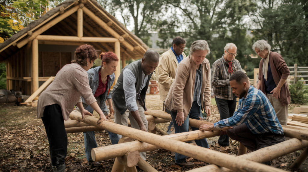 Homestead Community A medium shot of a diverse group of people working together to build a homestead community. They are constructing a wooden structure with logs. In the background, there's a partially built structure with a thatched roof. The ground is covered with leaves. The lighting is soft.