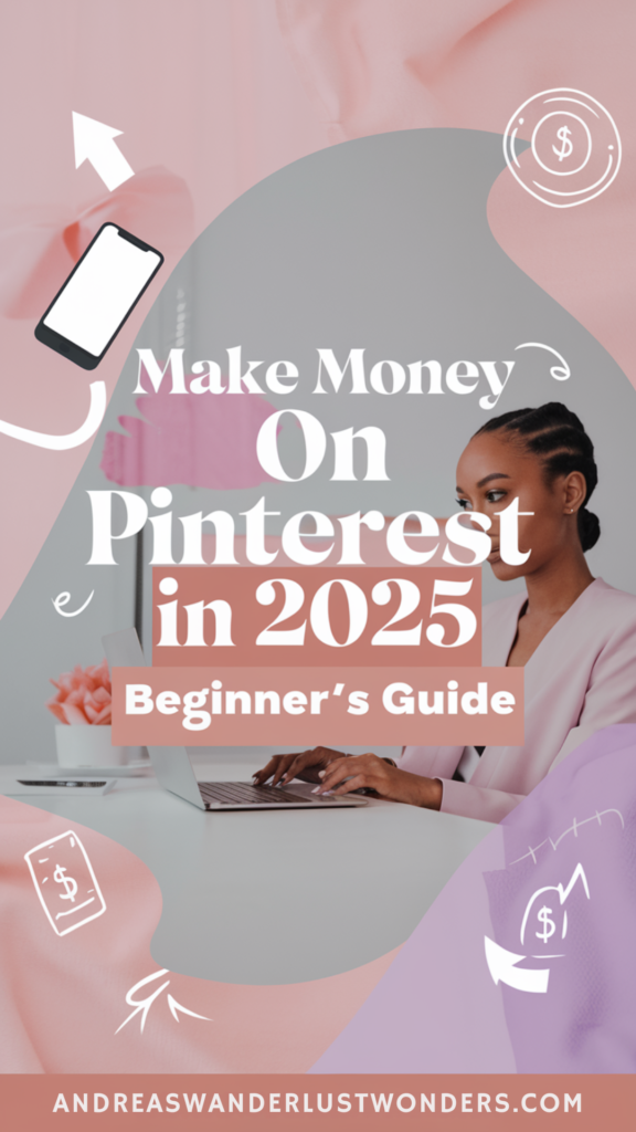 A Pinterest-style image with a soft, feminine color palette of pastel pinks and purples. The background is simple and uncluttered. A brown-skinned woman is sitting at a desk with a laptop. There are subtle Pinterest-related items around her, like a smartphone with the Pinterest app open, pins, and graphics symbolizing growth or income (such as arrows or dollar signs).