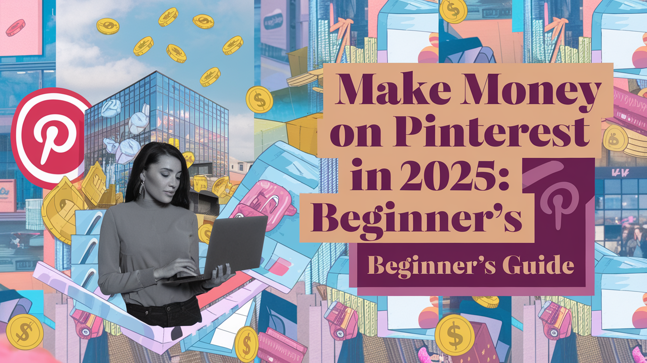 A digital collage with a Pinterest-themed aesthetic. The collage includes a brown-skinned woman holding a laptop. Behind her, there is a building with coins falling from the sky. The background is filled with icons and motifs associated with Pinterest, such as pins, boards, and shopping carts. There are subtle visual elements like dollar signs and coins throughout the image.