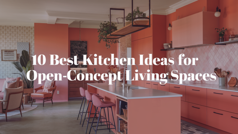 A photo of an open-concept kitchen and living space with a muted coral and blush pink color scheme. The kitchen features a multi-tasking island, sleek cabinetry, pendant lighting, and a statement backsplash. There are plants and a wooden rack with utensils. The living area has a sofa, a chair, and a plant. The background wall has a pattern.