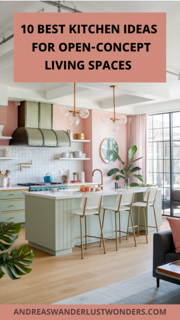 A modern kitchen with an open-concept living space. The kitchen has a pastel color palette with soft pinks, soothing sages, and metallic accents like gold or brass. There is a multi-tasking kitchen island with seating, statement lighting, and a range hood. The living area has a sofa, coffee table, and plant.