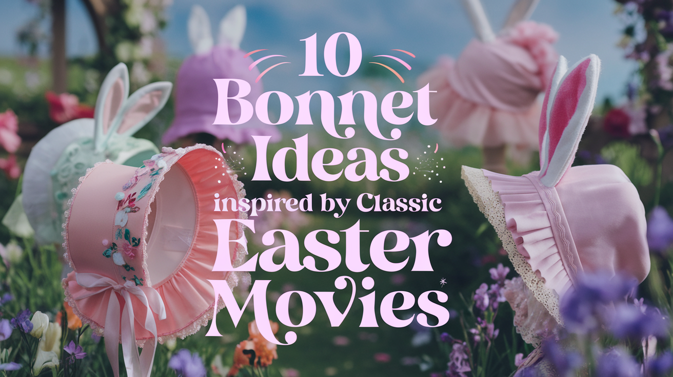 A photo of a whimsical, vibrant garden filled with pastel-colored Easter bonnets inspired by classic Easter movies. The bonnets are arranged in a picturesque setting. Each bonnet showcases unique elements like floral patterns, lace trims, or bunny ears. The background is softly blurred, showing spring flowers and blue skies.