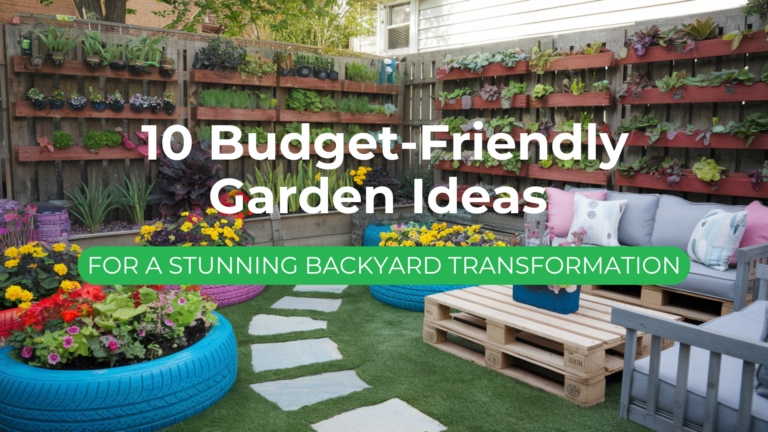 encapsulates the essence of a budget-friendly backyard transformation. There is a DIY wooden compost bin in a charming corner of a vibrant backyard garden. Colorful, upcycled cans and jars are used as plant containers, adding an artistic and eco-friendly touch to the garden space. Repurposed tires painted in playful hues are arranged creatively as unique flower beds bursting with bright, diverse blooms. A vertical garden constructed from reclaimed wooden pallets is filled with lush greenery and an array of herbs, flowers, or small vegetables. A quaint stone pathway lined with moss winds through the garden and subtly invites exploration and enjoyment. DIY pallet furniture consisting of a rustic sofa and coffee table is adorned with plush, inviting cushions that beckon relaxation. A rustic, homemade garden fence made from natural sticks neatly encases a section of vibrant, seasonal flowers. A compact herb garden set up with charming pots filled with fresh herbs like basil and mint is beautifully arranged on a wooden tiered stand. An enticing, budget-conscious water feature, possibly a small pond or a birdbath, is surrounded by carefully placed stones and thriving greenery. A continuous display of seasonal flowers illustrates vibrant transitions from tulips in spring to chrysanthemums in fall, ensuring year-round color.