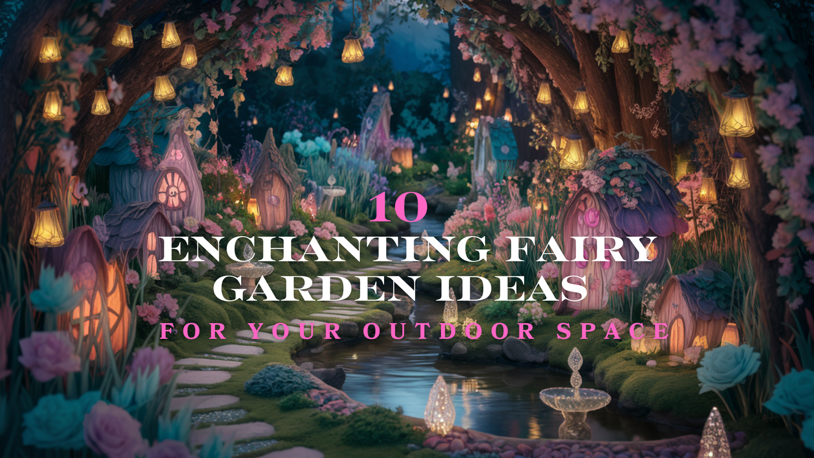 A photo of a whimsical and enchanting fairy garden at night. Delicate fairy lanterns illuminate the garden, casting a warm, magical glow that highlights the intricate details of miniature fairy houses and vivid flowers. The scene feels like a hidden woodland wonderland with a gentle stream weaving through lush greenery, small sparkling crystal fountains, and pathways lined with soft moss and colorful pebbles. The background is a dark forest. The overall scene has a dreamy atmosphere with feminine color tones, such as soft pinks, lavenders, and mint greens.