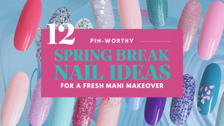 The image has a vibrant and vivid spring theme. The background is a soft blue with subtle, abstract elements representing various nail polish colors, glitters, and patterns. The text is prominent and stylish, yet harmonizes with the overall aesthetic of spring freshness and vibrant femininity.