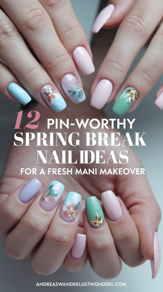 An image of hands with beautifully manicured nails styled in various spring-themed designs. The nails feature feminine colors like pastel pinks, blues, and greens, with accents of gold and silver. There are subtle floral patterns, ombre effects, and playful geometric shapes.