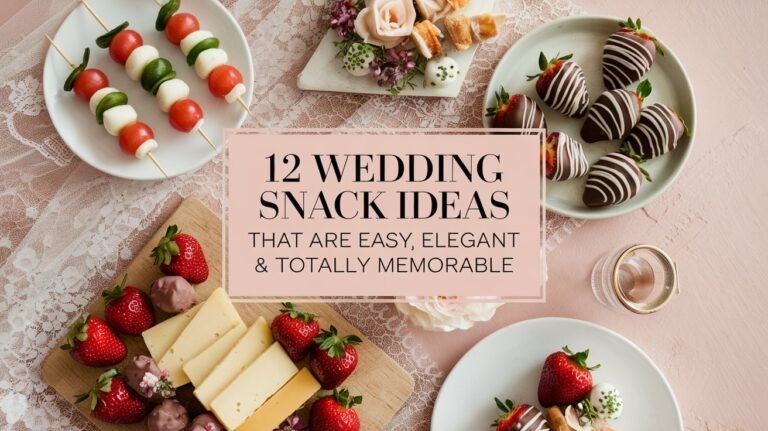 A wedding-themed post, focusing on elegant and memorable wedding snacks. There are mini Caprese skewers, chocolate-covered strawberries, and gourmet cheese boards placed on a lace-textured surface. The overall aesthetic conveys a sense of elegance, joy, and celebration