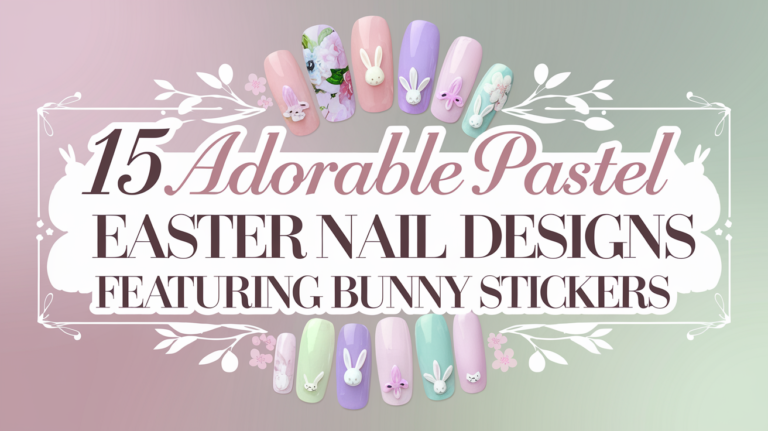 The image background is a soft, gradient pastel color scheme of pink, lavender, and mint green. The central imagery is an artistic representation of stylish Easter nails with a variety of pastel nail designs and bunny stickers.