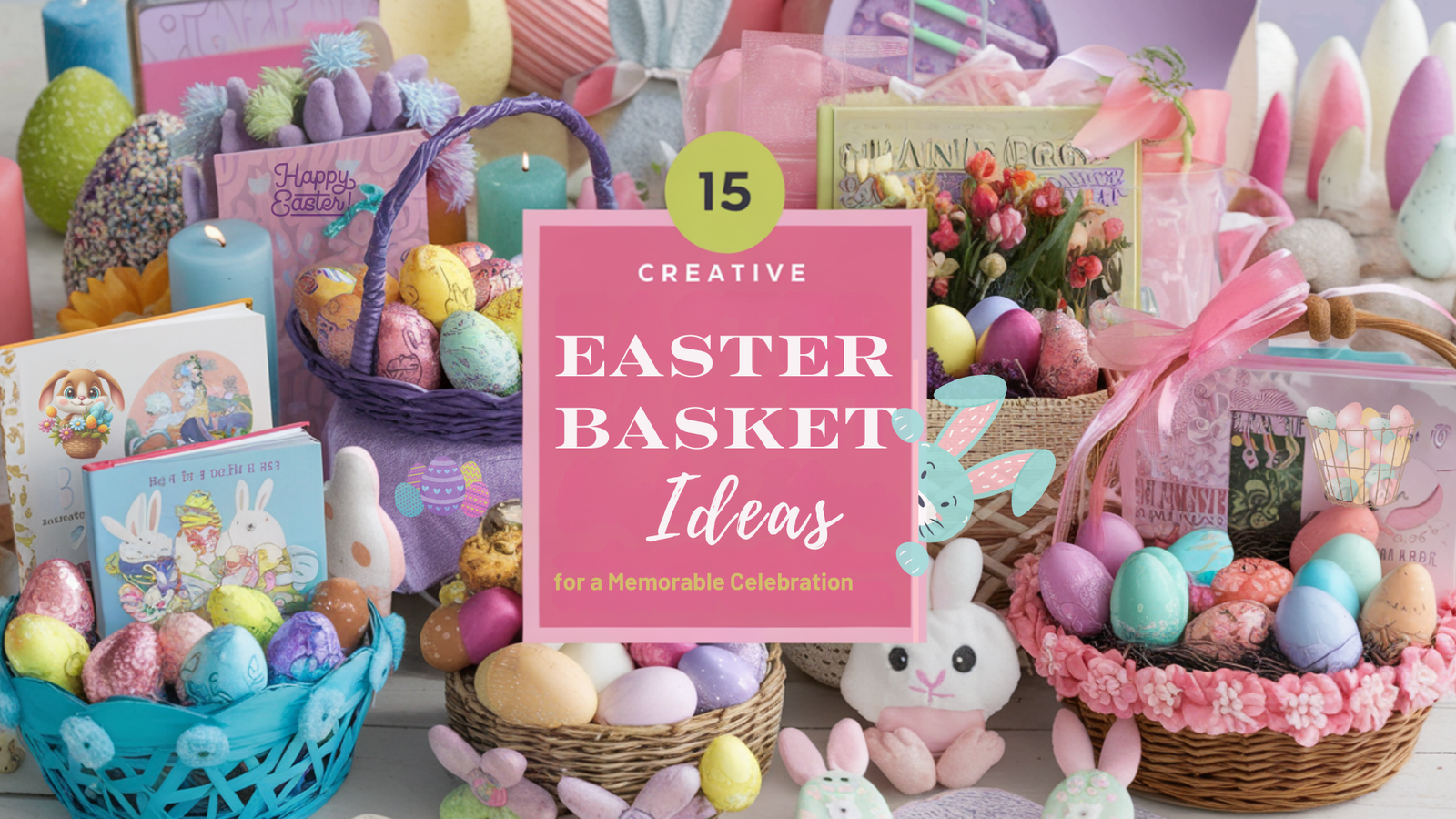 The image showcases an assortment of uniquely styled Easter baskets brimming with a variety of themed items. There are colorful Easter-themed storybooks, a mix of vibrant chocolate eggs, playful plush toys, gardening starter kits with small tools and vibrant flowers, and DIY craft and egg decorating kits. The background contains elements reminiscent of spring and Easter, such as decorative eggs, pastel-colored candles, and bunny-shaped cookies.