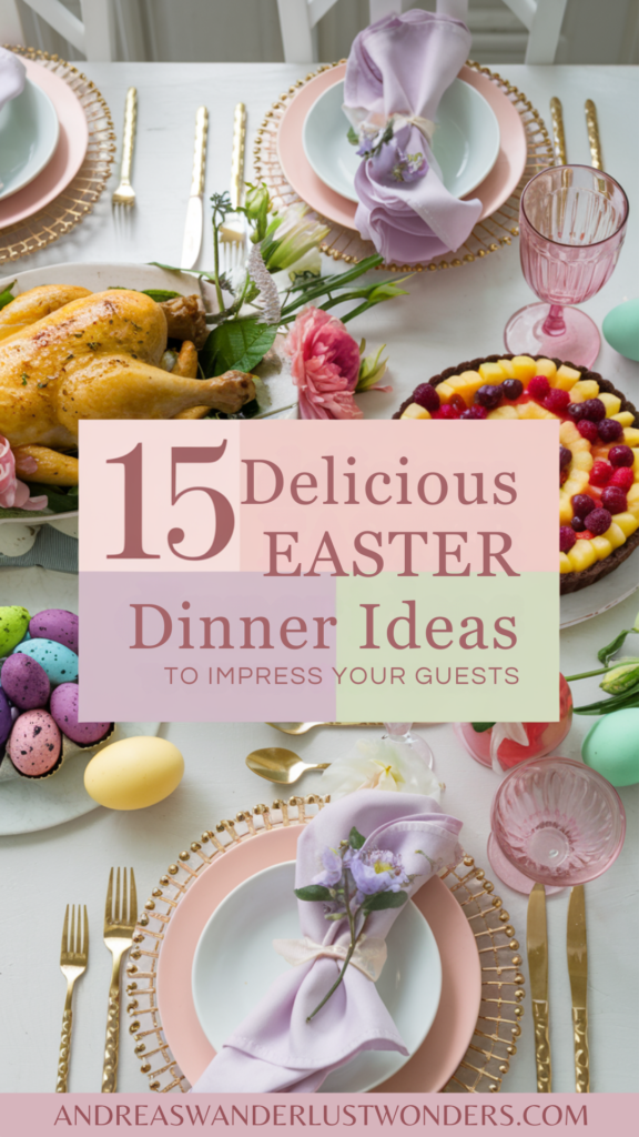 A beautifully set Easter table with elegant place settings in soft, feminine colors like pastel pink, lavender, and mint green. There is a Lemon Herb Roasted Chicken on a platter, a Fresh Fruit Tart with vibrant fruits, and colorful Chocolate Egg Nests. There are fresh flowers and painted Easter eggs on the table.