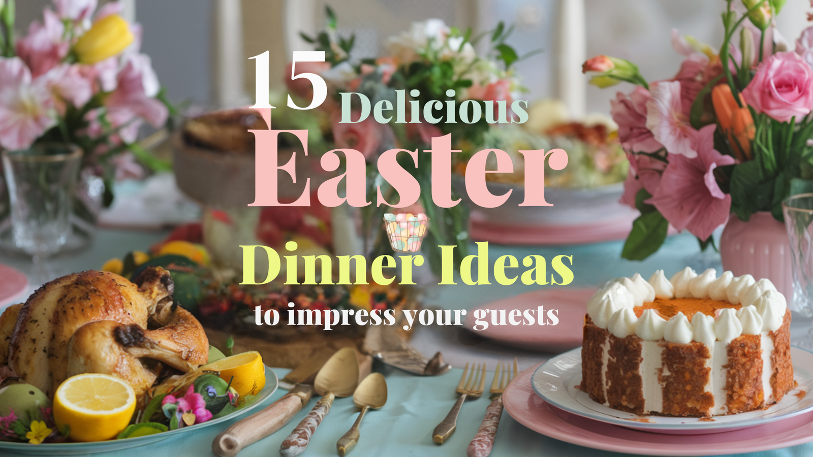 A beautifully set Easter dining table, adorned with pastel-colored linens and elegant floral arrangements. The table is laden with a selection of beautifully presented Easter dishes from the blog: vibrant lemon herb roasted chicken, colorful stuffed bell peppers, and a luscious carrot cake with cream cheese frosting.