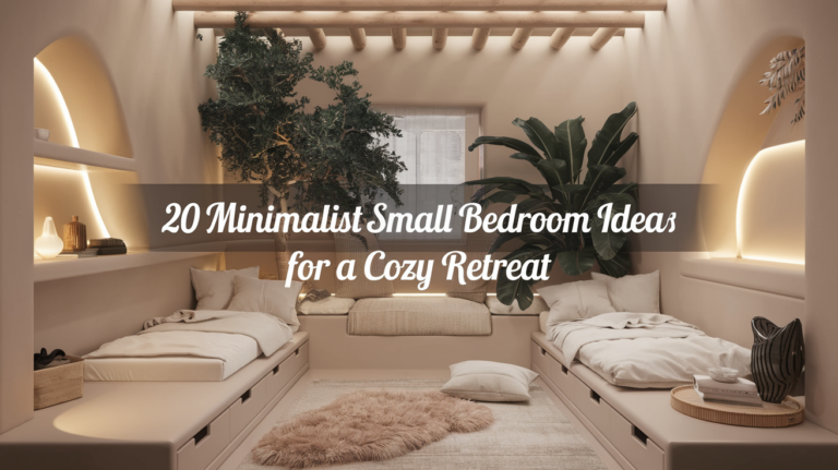 A serene, minimalist small bedroom setting as a cozy retreat. The room has soft beige walls, white bedding, and natural wood accents. There is a loft bed with under-bed drawers and floating shelves. The room features a lush indoor plant, a cozy reading nook by the window, and ambient soft lighting. There is a fluffy rug and cushions. The image has a sleek, modern look with a boho touch.