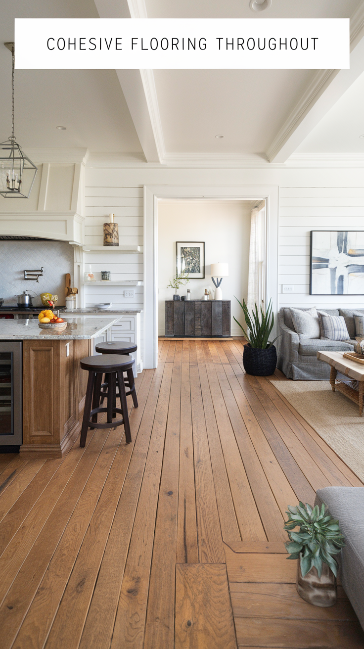 A photo of a seamless, stylish open-concept area with wide-plank oak flooring extending from the kitchen to the living space. There's a kitchen island with a granite countertop and a few stools. A sofa, a coffee table, and a plant are placed in the living area. The walls have white paint.