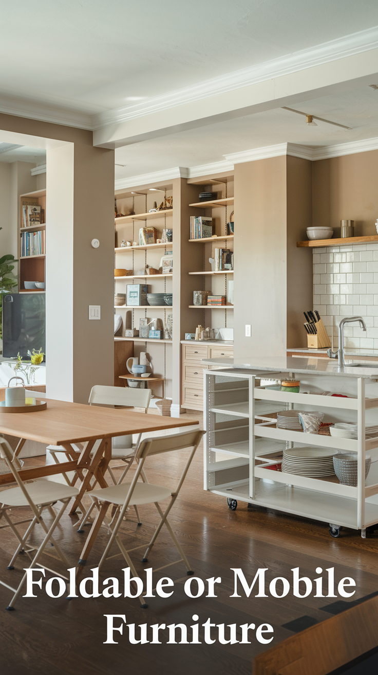 A photo of a flexible open-concept kitchen-living area with foldable and mobile furniture pieces. There's a foldable dining table with chairs and a foldable storage unit. The living area has a mobile bookshelf. The kitchen has a mobile island with a sink and storage. The walls are painted beige. The floor is hardwood.