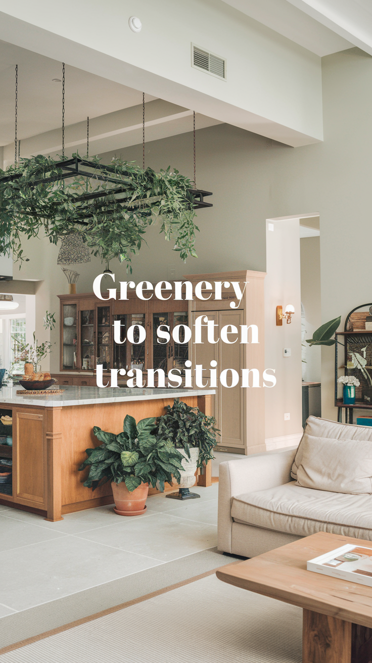 A photo of an open-concept space with a kitchen and living area. There is a large island in the kitchen with a marble countertop. Hanging greenery is suspended above the island. There are potted plants on the floor beside the kitchen cabinets. The living area has a beige sofa and a wooden coffee table. The walls are painted a light grey color.